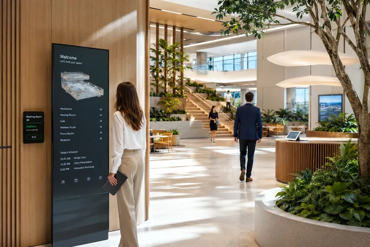 Corporate lobby with integrated technology and greenery